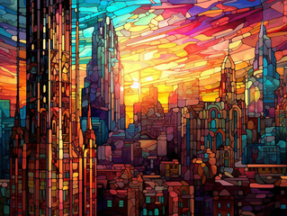 A Surreal Illustration of a City Skyline Composed of Skyscrapers Made of Stained Glass | Generative AI