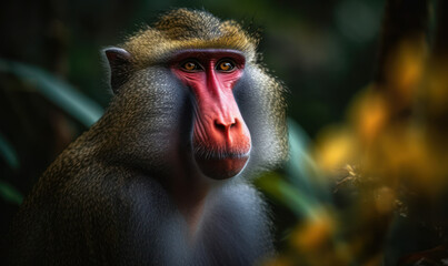 Photo of mandrill, intensely focused & vibrant against lush jungle background. visible details of it's colorful fur & expressive face, conveying its strength & intelligence. Generative AI