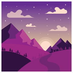 Obraz premium landscape illustration natural scenery background with hills,sky,moon,clouds,sun pine lake