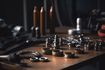 MTB mountain bike parts on table in bike repair shop or garage. Generative AI