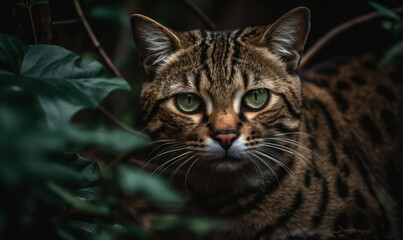 Photo of leopard cat, a striking portrait showcasing its fierce gaze and agile movements, captured in the wild amidst lush foliage and rocky terrain. Generative AI