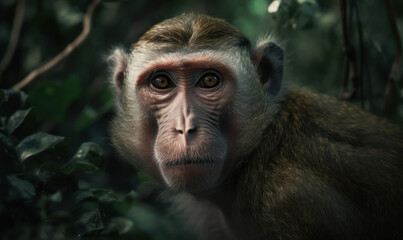 Fototapeta premium Photo of macaque, captured in its natural habitat showcasing its playful and curious nature, set against the lush greenery of its natural surroundings. Generative AI
