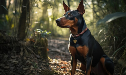 photo of Miniature Pinscher outdoors in a forest. Generative AI