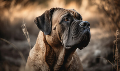 closeup photo of Mastiff on blurry forest background. Generative AI