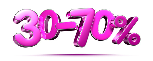Pink 30-70 percent 3d illustration sign on white background have work path. Special Offer 30-70% Discount Tag. Advertising signs. Product design. Product sales.