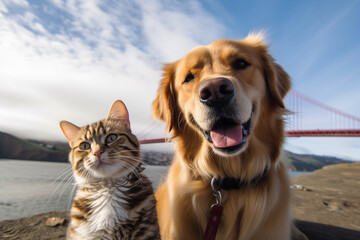 Funny and cute dog and cat freinds taking selfie while on travel. Generative AI