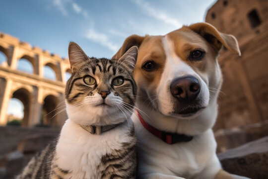 Funny and cute dog and cat freinds taking selfie while on travel. Generative AI