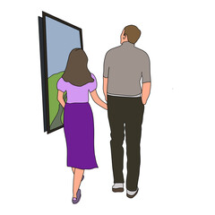 Couples at a painting lesson in an art studio flat style illustration on white background.June.Love story.