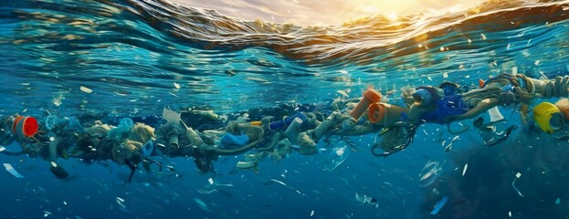 Naklejka na ściany i meble Ocean of Pollution: Plastic Waste Drifting amidst the Waves, generative Ai