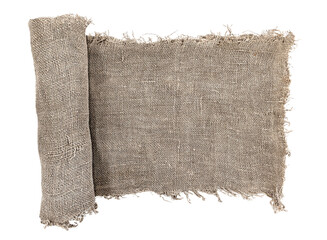 Burlap texture. A piece of torn burlap on a white background. Canvas. Packing material