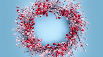 Christmas winter composition. Frame made of snowflakes and red berries on pastel blue background. Generative AI