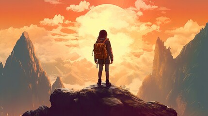 Hipster young girl with backpack enjoying sunset on peak mountain. Generative AI