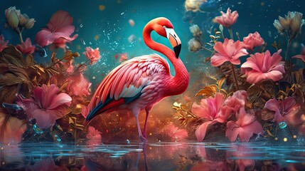 Flamingo in field of wild flowers. Generative AI