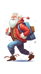 Santa Claus with a huge bag, on the run to, delivery christmas gifts. Isolated on white background. Generative AI