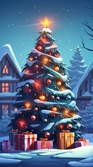 Beautiful decorated Christmas tree with present boxes in a winter landscape with snow. Generative AI