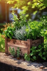 Fototapeta premium Wooden crate with a variety of fresh green potted culinary herbs like rosemary and basil growing outdoors in the garden. Generative AI