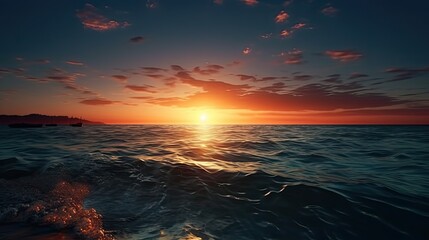 Fototapeta na wymiar View of sunset into the calm ocean with twilight sky. Generative AI