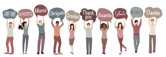 Multicultural people with arms raised from different nations and continents holding hands speech bubbles with text -thank you- in various international languages.Communication.Equality