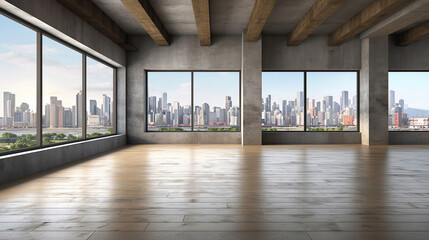 Empty loft style room with concrete floor and city view. Generative Ai