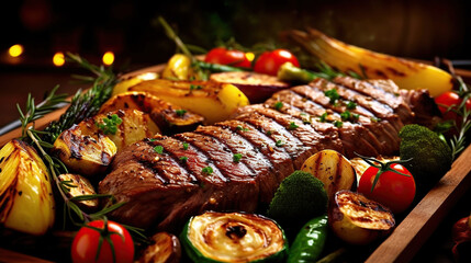 Grilled steak and vegetables close up. Generative Ai