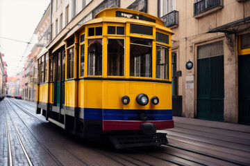 Plakat Digital photo of an old yellow tram on a Lisbon street. Travel concept. Generative AI