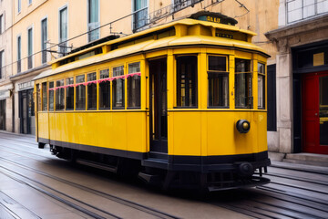 Naklejka na ściany i meble Digital photo of an old yellow tram on a Lisbon street. Travel concept. Generative AI