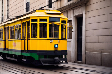 Fototapeta na wymiar Digital photo of an old yellow tram on a Lisbon street. Travel concept. Generative AI