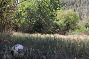 Balón de fútbol abandonado en un campo