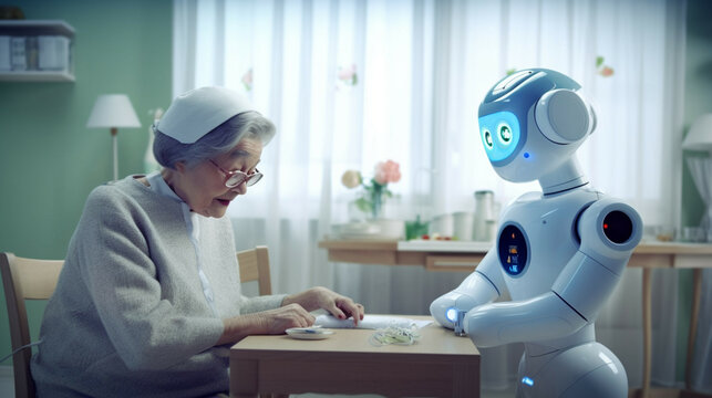 Senior woman playing with robot at home. Elderly woman playing with artificial intelligence.Concept of elderly care and future.
