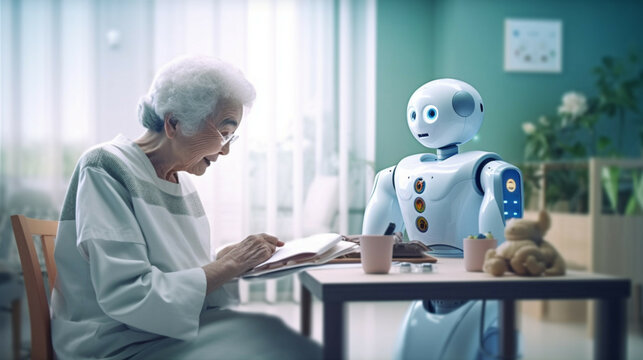 Elderly woman reading a book while sitting at home with a robot.Concept of elderly care and future.Wellness concept. 