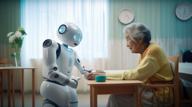 Senior woman playing with robot at home. Elderly woman playing with artificial intelligence.Concept of elderly care and future.Wellness concept. 