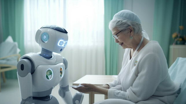 Senior woman playing with robot at home. Elderly woman playing with artificial intelligence.Concept of elderly care and future.