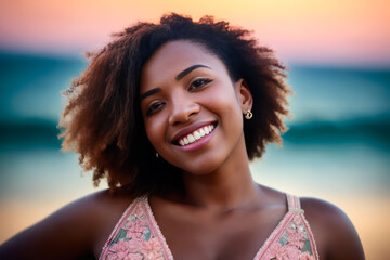 Fototapeta premium Portrait of young attractive laughing ebony woman wearing a swimsuit laughing outdoors on the tropical beach. Generative AI