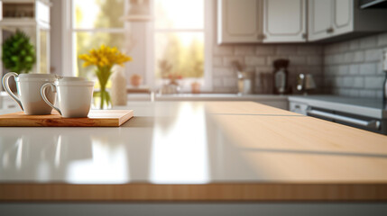 Fototapeta na wymiar Kitchen table for presenting products, kitchen in blur. Generative Ai