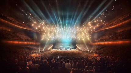 A crowded concert hall with scene stage lights. Generative Ai - obrazy, fototapety, plakaty