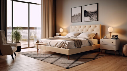 Fototapeta premium Beige bedroom interior bed and nightstand with art decoration, carpet on hardwood floor. Panoramic window. Generative Ai