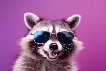 music fun glasses animal young party background raccoon pet jockey portrait. Generative AI.