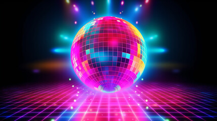 Discokugel mit Discolichtern in Neonfarben. Querformat. Generative Ai.
