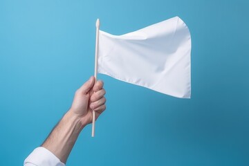 Hand holding white flag, business concept, blue background, digital illustration. Generative AI