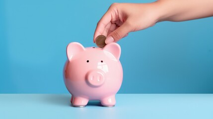 Hand putting coin into piggy bank shaped safe , economy and technology concept, digital illustration. Generative AI