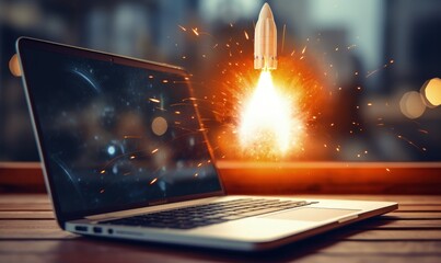 Rocket taking off from laptop screen, business and startup concept, bokeh background. Generative AI
