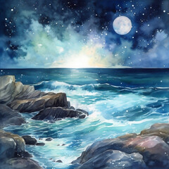 Rocky sea and moon
