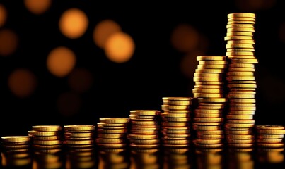 Pile of coins, earnings and finance concept, bokeh background. Generative AI