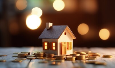 Small house and coins, property and finance concept, bokeh background. Generative AI