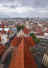 View of old buildings in Europe from a church tower