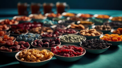 Assortment with different types of dried fruit tea on turquoise background. Generative AI
