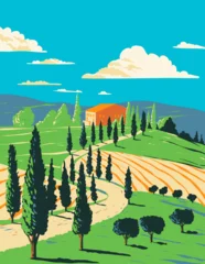 Fototapeten WPA poster art of a vineyard in Tuscan countryside with villa in Tuscany in central Italy done in works project administration or Art Deco style. © patrimonio designs