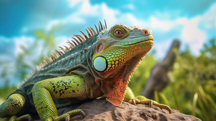Fototapeta premium portrait of macro shot on iguana head. Generative Ai