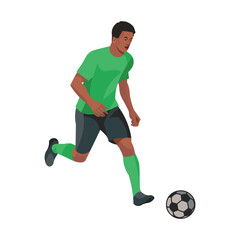 Nigerian football player is running with the ball on the field during a competition or a training session