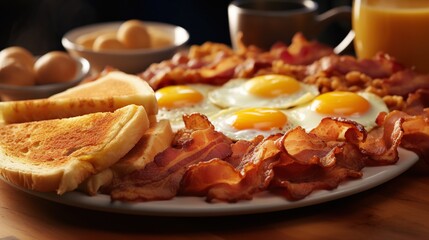 Savor the Classics: A Tempting American Breakfast Delight. Commercial Photography. Generative AI.